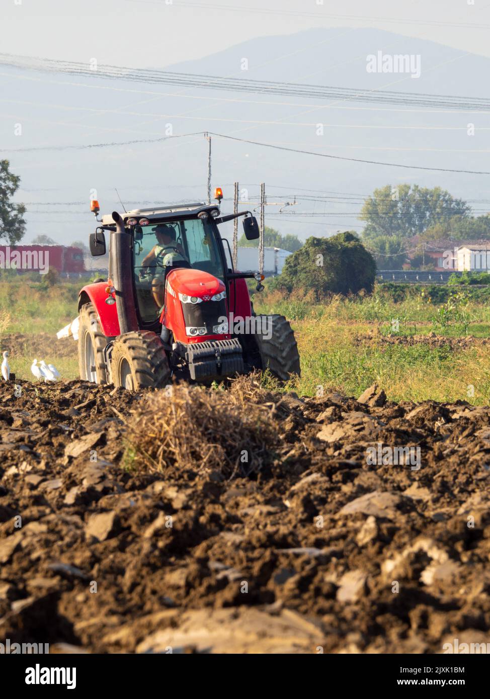 4K Video von rotem Traktor, der das Land auf dem Land pflügt. Stockfoto
