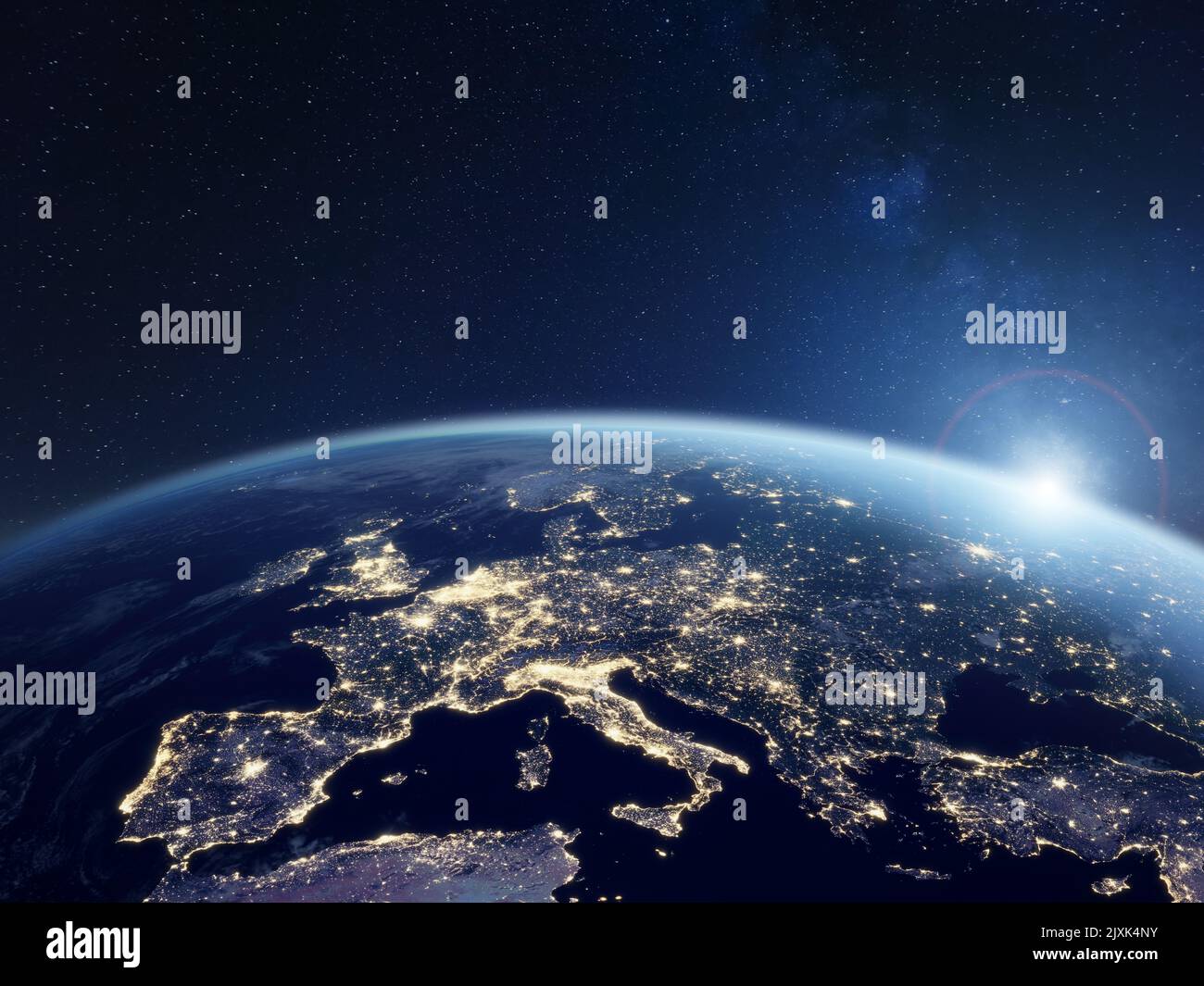 Europa in der Nacht aus dem Weltraum betrachtet, mit Stadtlichtern, die Aktivitäten in den Ländern der Europäischen Union zeigen. 3D Rendern des Planeten Erde. Elemente der NASA. Techno Stockfoto