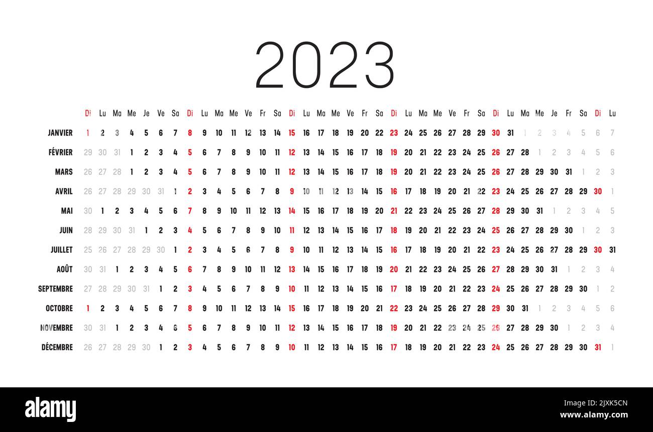 Jahr 2023 Wandkalender mit aufeinander abgestimmten Daten, in französischer Sprache. Eine Seite Vektorvorlage, lineares und horizontales Design. Stock Vektor