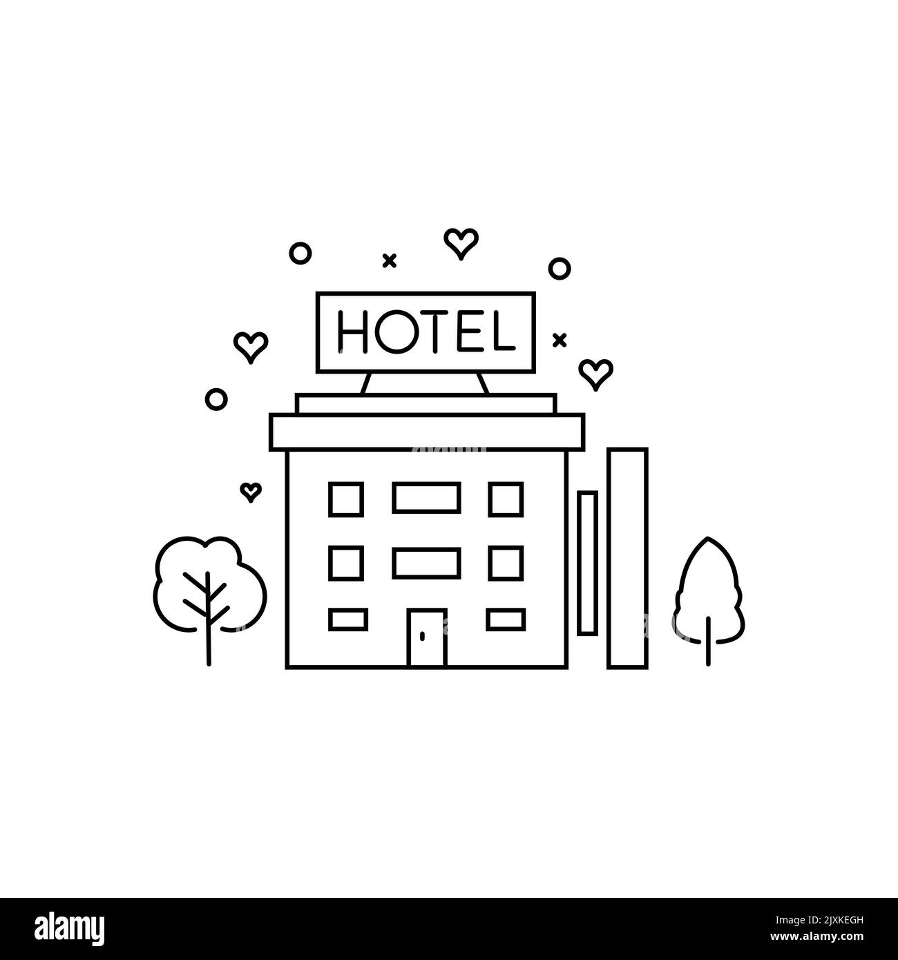 Schwarze dünne Linie Hotel einfache Ikone. Flacher Schlaganfall Stil Motel oder Hostel Logo Grafik minimal Art Design isoliert auf weißem Hintergrund. Stock Vektor