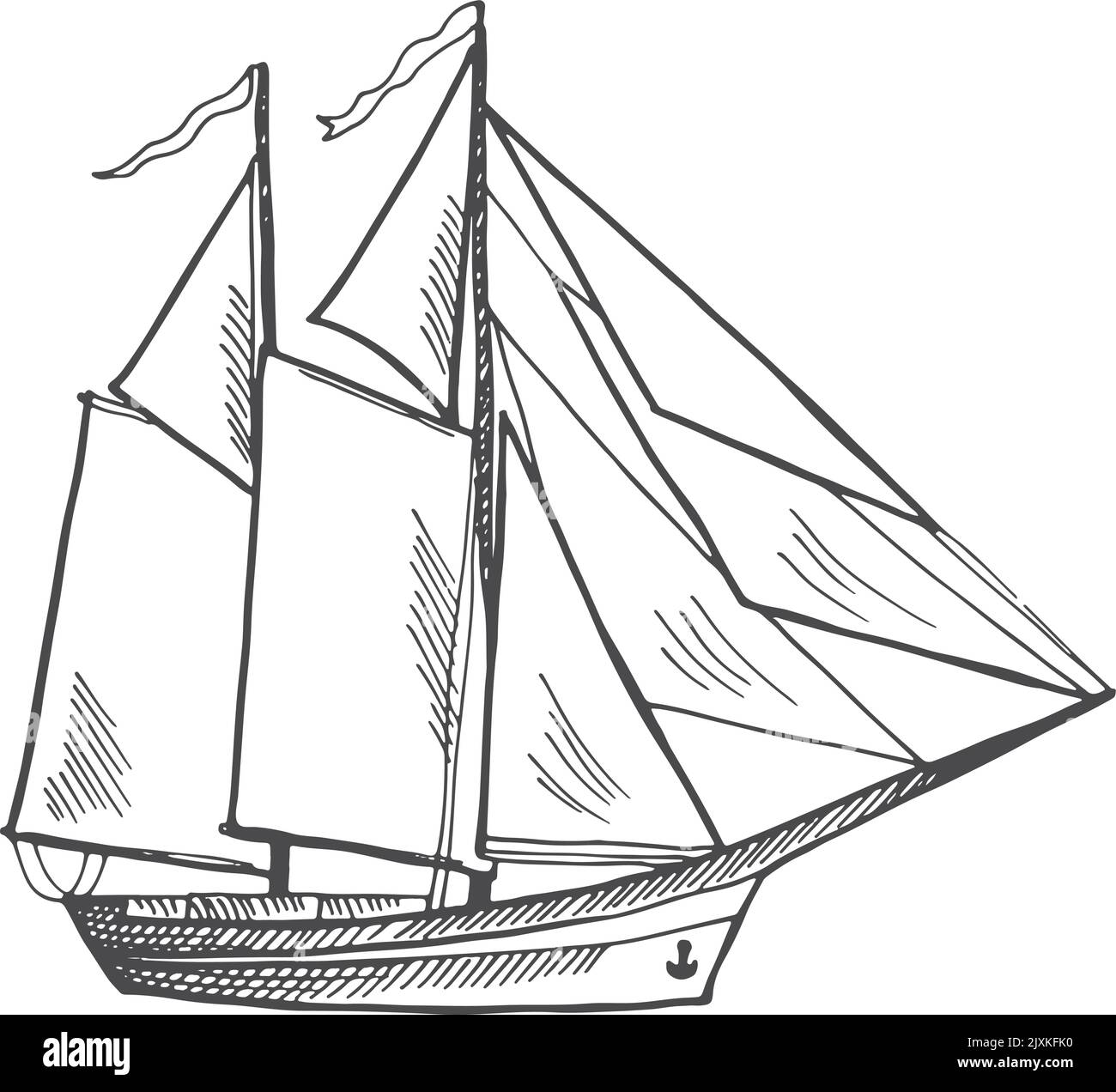 Gravur des Segelschiffs. Handgezeichnetes Symbol für die Brigantine Stock Vektor