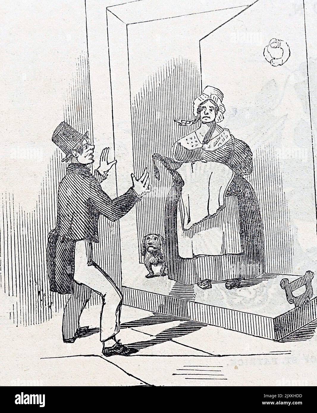 Abbildung einer übergewichtigen Magd, die die Eingangstür des Hauses öffnet, in dem sie arbeitet. Datiert aus dem 19.. Jahrhundert Stockfoto