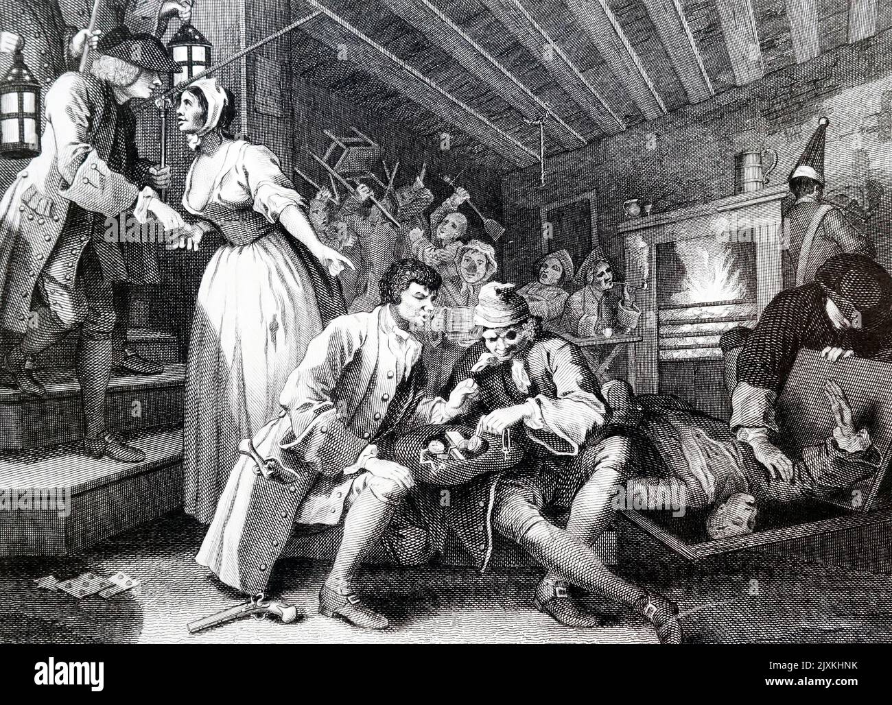 Abbildung mit dem Titel „Industrie und Leerlauf“. Die Abbildung zeigt die Verhaftung des untätigen Lehrlings. Illustriert William Hogarth (1697-1764), ein englischer Maler, Grafiker, Bildsatiriker und Sozialkritiker. Datiert aus dem 18.. Jahrhundert Stockfoto