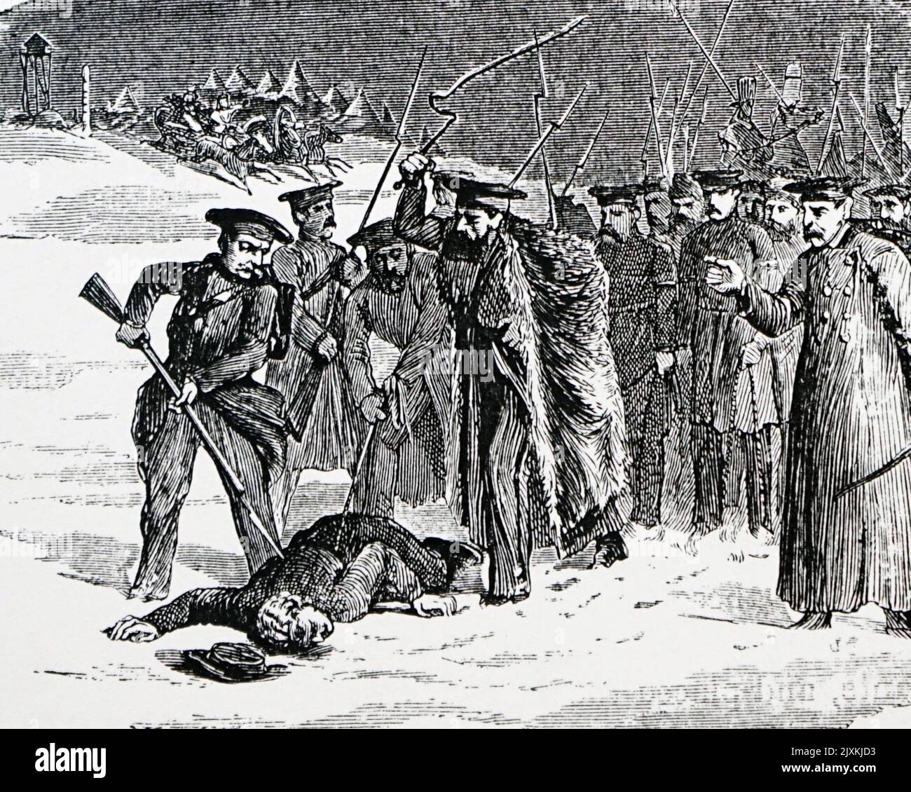 Abbildung mit dem Titel „Exil“, auf der russische Bürger, die zum Exil verurteilt wurden, auf ihre Reise nach Sibirien gebracht werden, um ihre Strafen zu beginnen. Datiert aus dem 19.. Jahrhundert Stockfoto