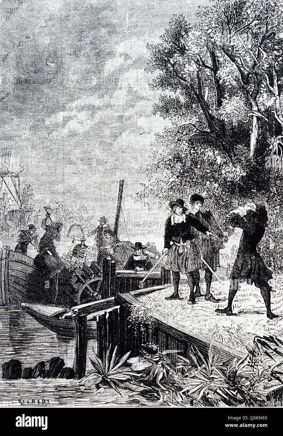 Abbildung der Weser-Arbeiter, die Denis Papins Dampfschiff zerstörten. Denis Papin (1647-1713) ein französischer Psychist, Mathematiker und Erfinder. Datiert aus dem 18.. Jahrhundert Stockfoto