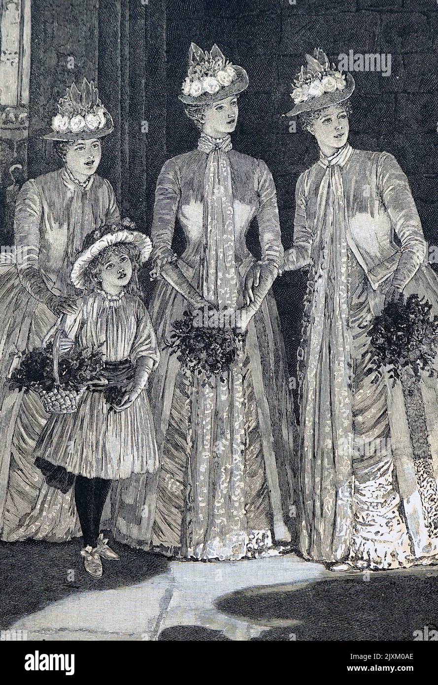 Abbildung zeigt Brautjungfern und das Blumenmädchen während der Hochzeitszeremonie. Datiert aus dem 19.. Jahrhundert Stockfoto