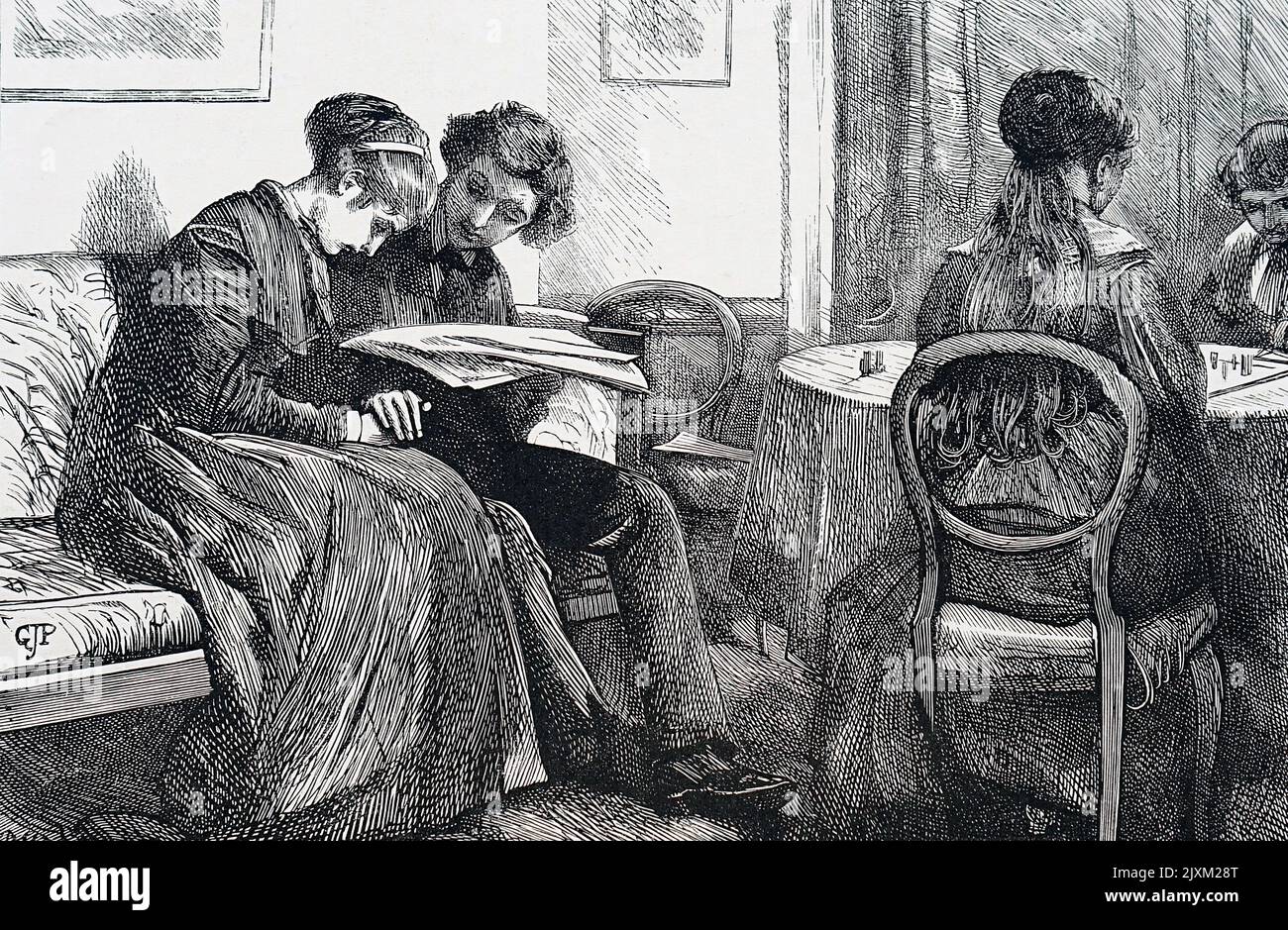 Abbildung eines jungen Paares, das beim gemeinsamen Sitzen und Lesen die Hände hält. Datiert aus dem 19.. Jahrhundert Stockfoto