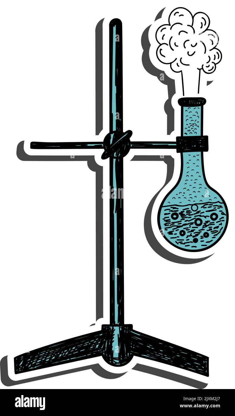 Sticker für Chemiekolben mit Schatten zum Thema Bildung. Zurück zur Schule. Vektorgrafik. Stock Vektor