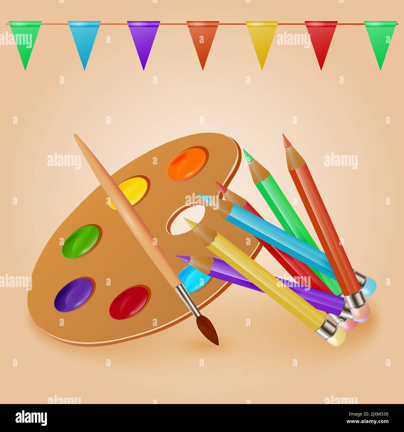 Farbenfrohe realistische Zeichenwerkzeuge Aquarellpalette mit Pinsel und Buntstiften. Bleistift, Palette, Pinsel. Vektorgrafik. Stock Vektor