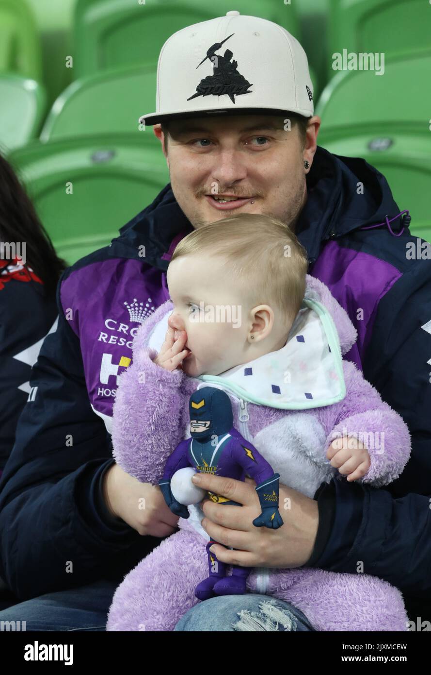 Die Fans treffen sich vor dem Qualifying Final zwischen dem Melbourne Storm und den South Sydney Rabbitohs in der 1. Woche der NRL Finals Series im AAMI Park in Melbourne, Freitag, 7. September 2018. (AAP-Bild/David Crosling) Stockfoto