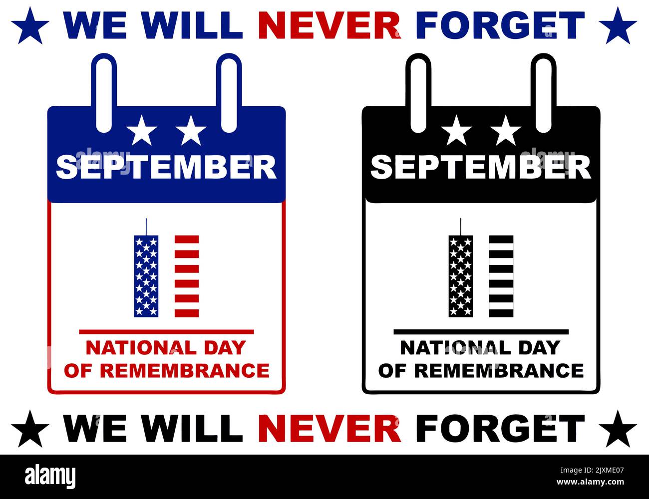 Kalender des Nationalen Gedenktages 9/11 auf Weiß isoliert. 11. September 2001 Stock Vektor