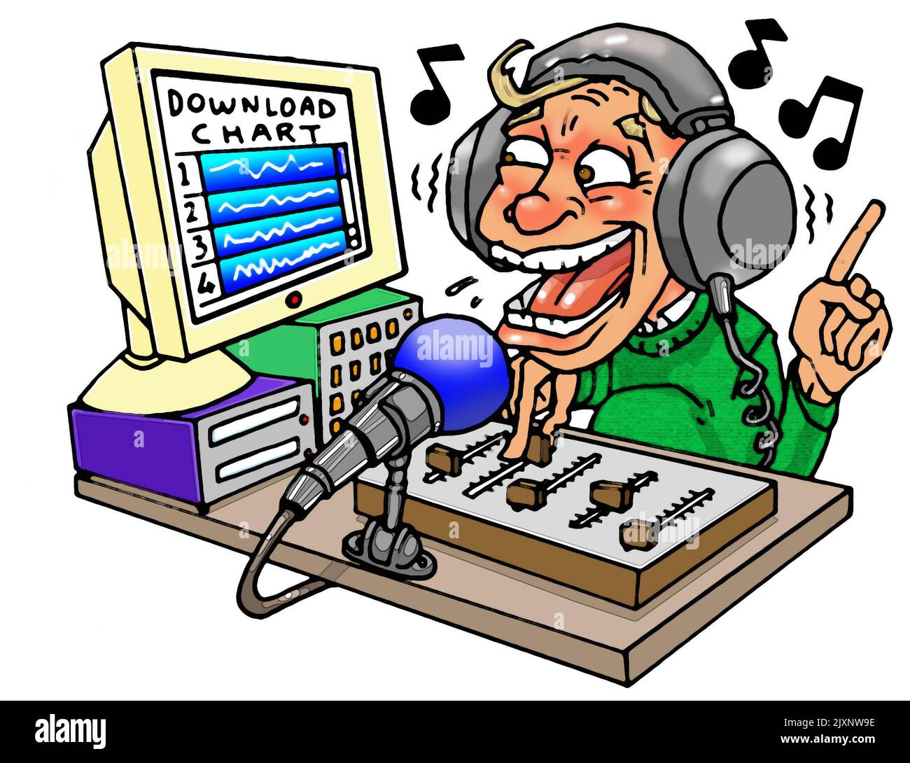 Cartoon, Kunst, Illustration eines Discjockeys (DJ), der an einem Mischpult sitzt und eine Auswahl von Hits aus der oberen Reihe der Download-Charts für Popmusik spielt. Stockfoto
