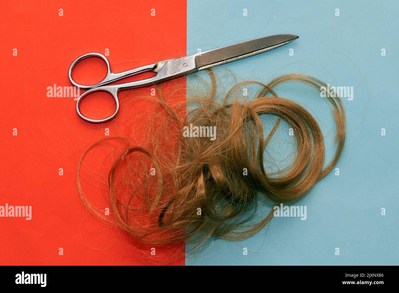 Silberne Schere mit geschnittenen Haaren auf buntem Hintergrund Stockfoto