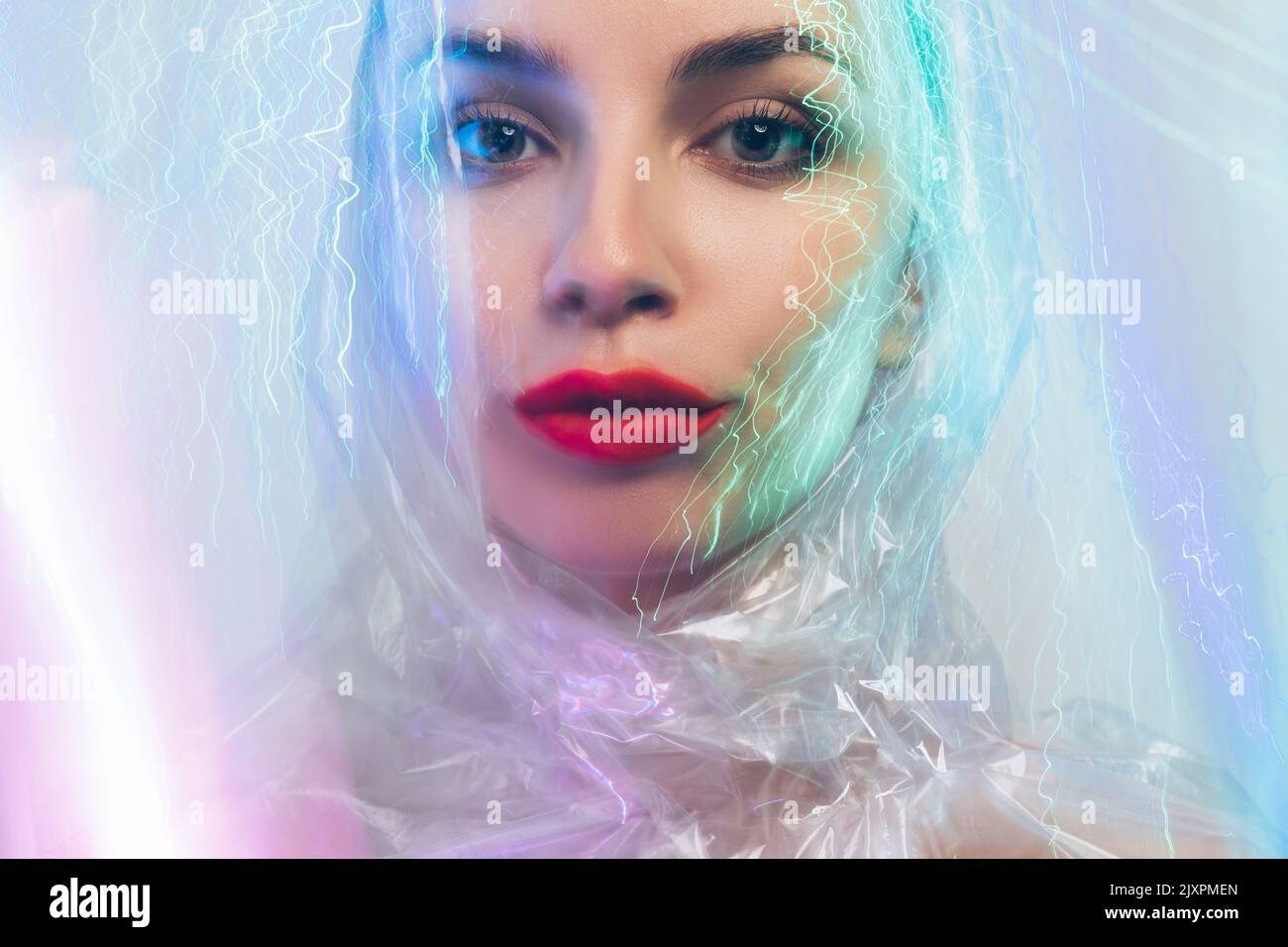 Neon Licht Porträt Schönheit Verbesserung Frau Gesicht Stockfoto