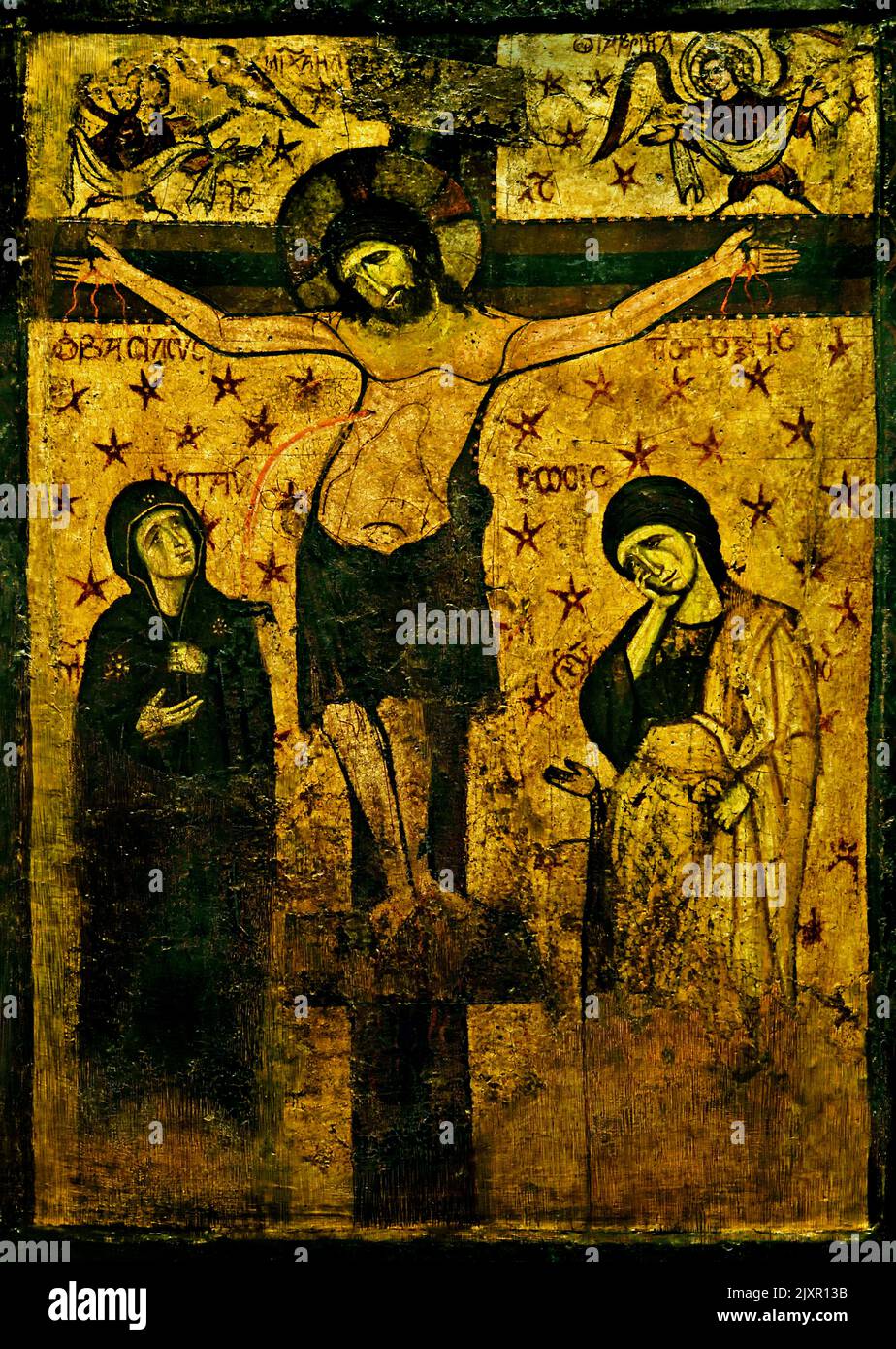 Doppelseitige Prozessionsikone, der Kreuzigung, die zuerst im 9.. Jahrhundert gemalt, dann im 10.. Jahrhundert bearbeitet und im 13.., byzantinisches und christliches Museum in Athen, Stockfoto
