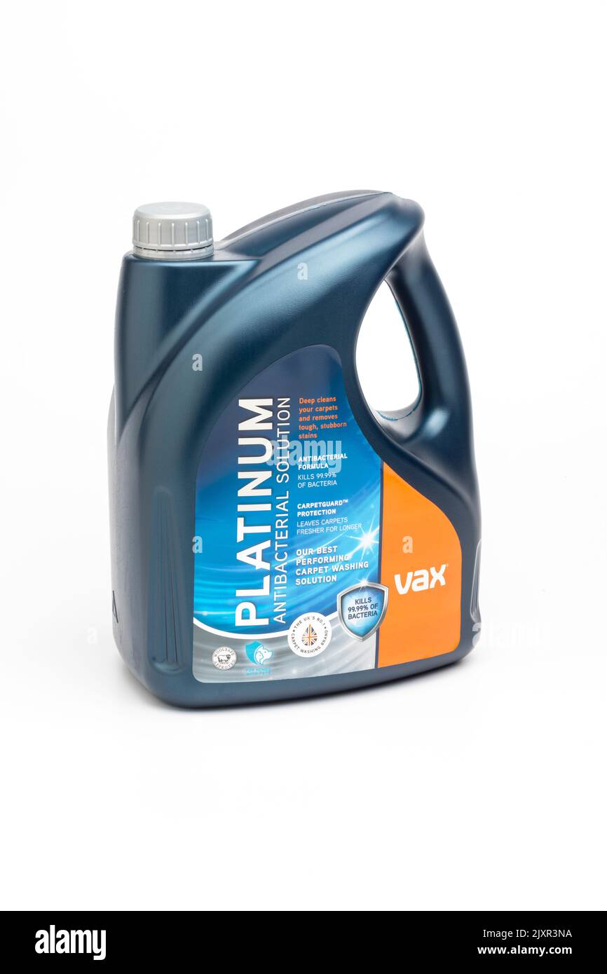 Eine 4-Liter-Flasche mit antibakterieller Vax Platinum-Teppichwaschlösung Stockfoto