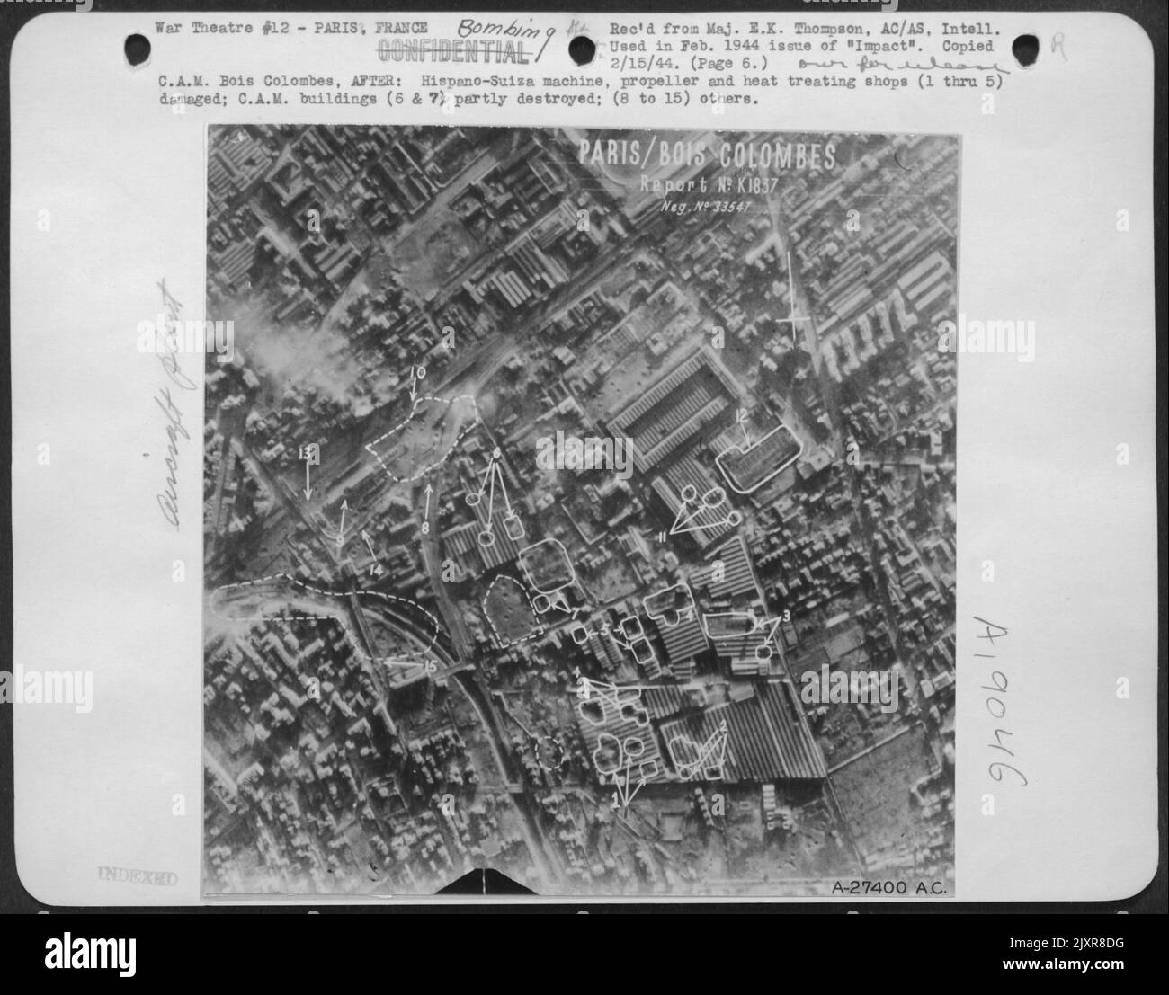 C.A.M. Bois Colombes, NACHHER: Hispano-Suiza Maschinen-, Propeller- und Wärmebehandlungsgeschäfte (1 bis 5) beschädigt; C.A.M.-Gebäude (6 & 7) teilweise zerstört; (8 bis 15) andere. Stockfoto