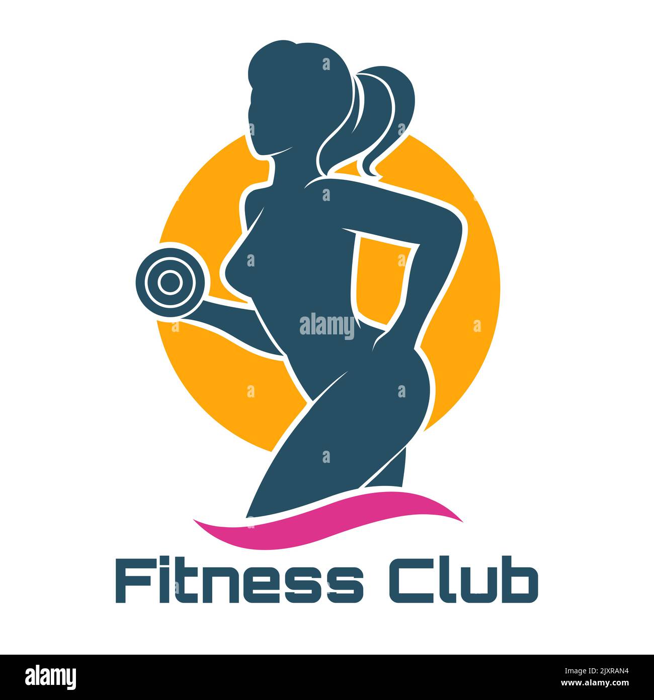 Logo oder Emblem des Fitnessclubs. Frau hält Hantel. Isoliert auf weißem Hintergrund. Stock Vektor