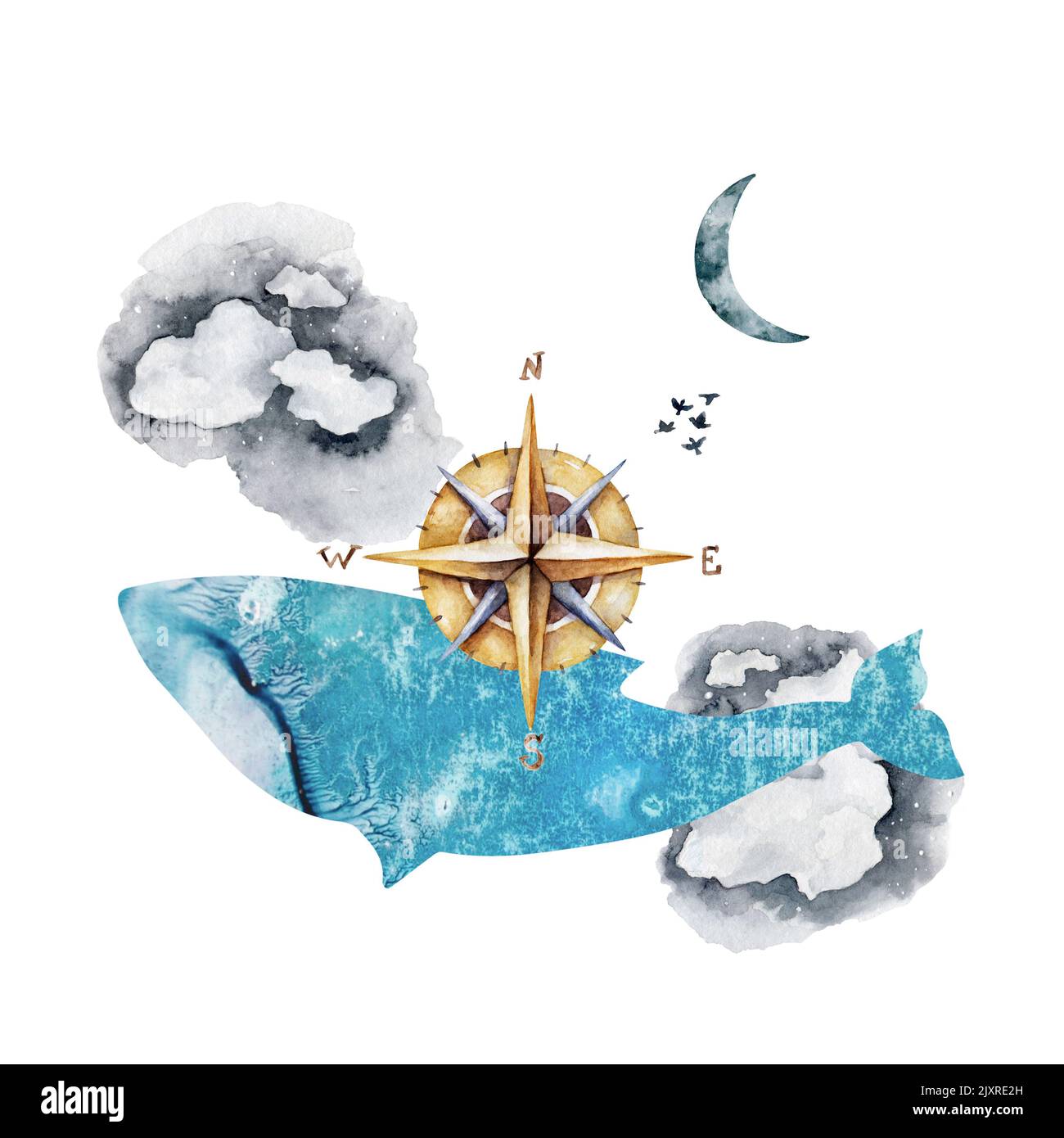 Wal in den Wolken mit dem Mond, einem Leuchtturm und einem Kompass auf der Rückseite Aquarell-Illustration auf weißem Hintergrund. Drachen, Zeichen und Symbolik Stockfoto