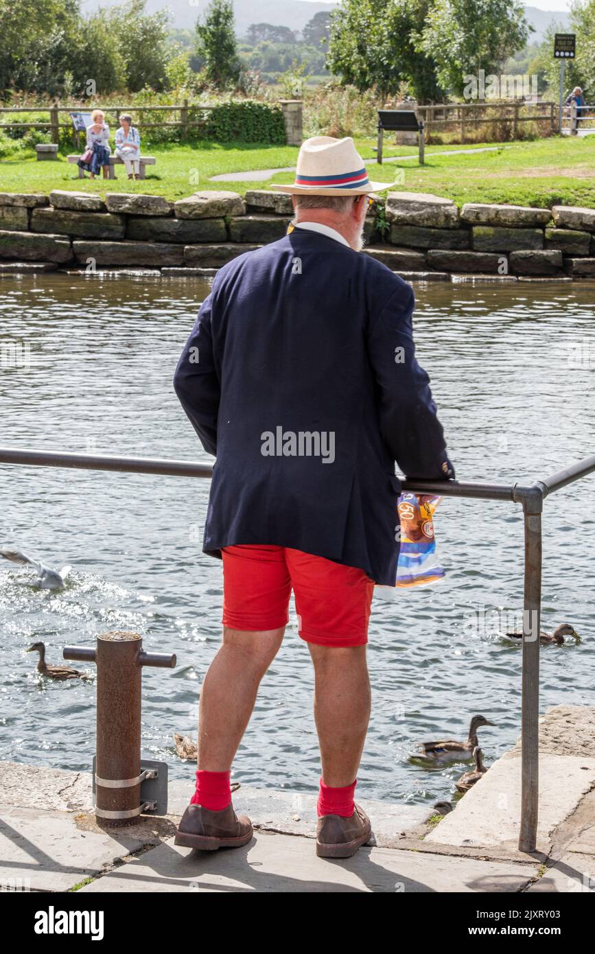 Mann in leuchtend roten Shorts und Blazer mit Strohhut füttert die Enten auf dem Fluss bei wareham in dorset. Älterer Mann füttert die Vögel, Strohhut. Stockfoto