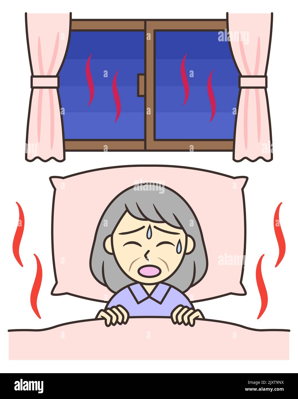 Eine ältere Frau, die nachts nicht schlafen kann, weil es heiß ist Stockfoto