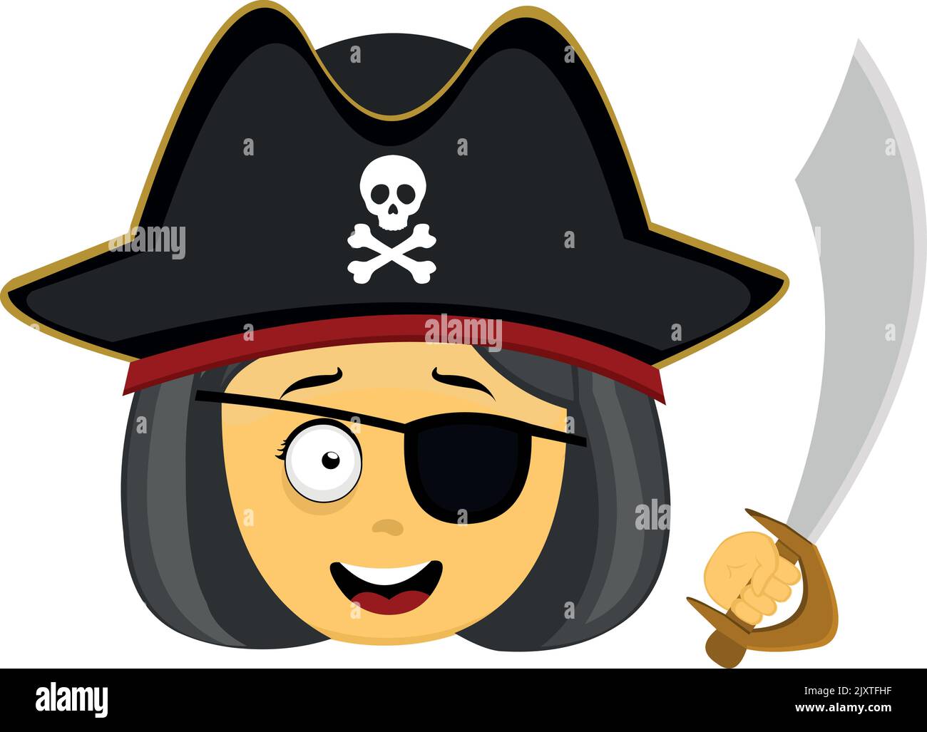 Vektor-Illustration von Emoticon des Gesichts einer Cartoon-Piratenfrau in gelb, mit einem Hut, Augenklappe und einem Schwert in der Hand Stock Vektor