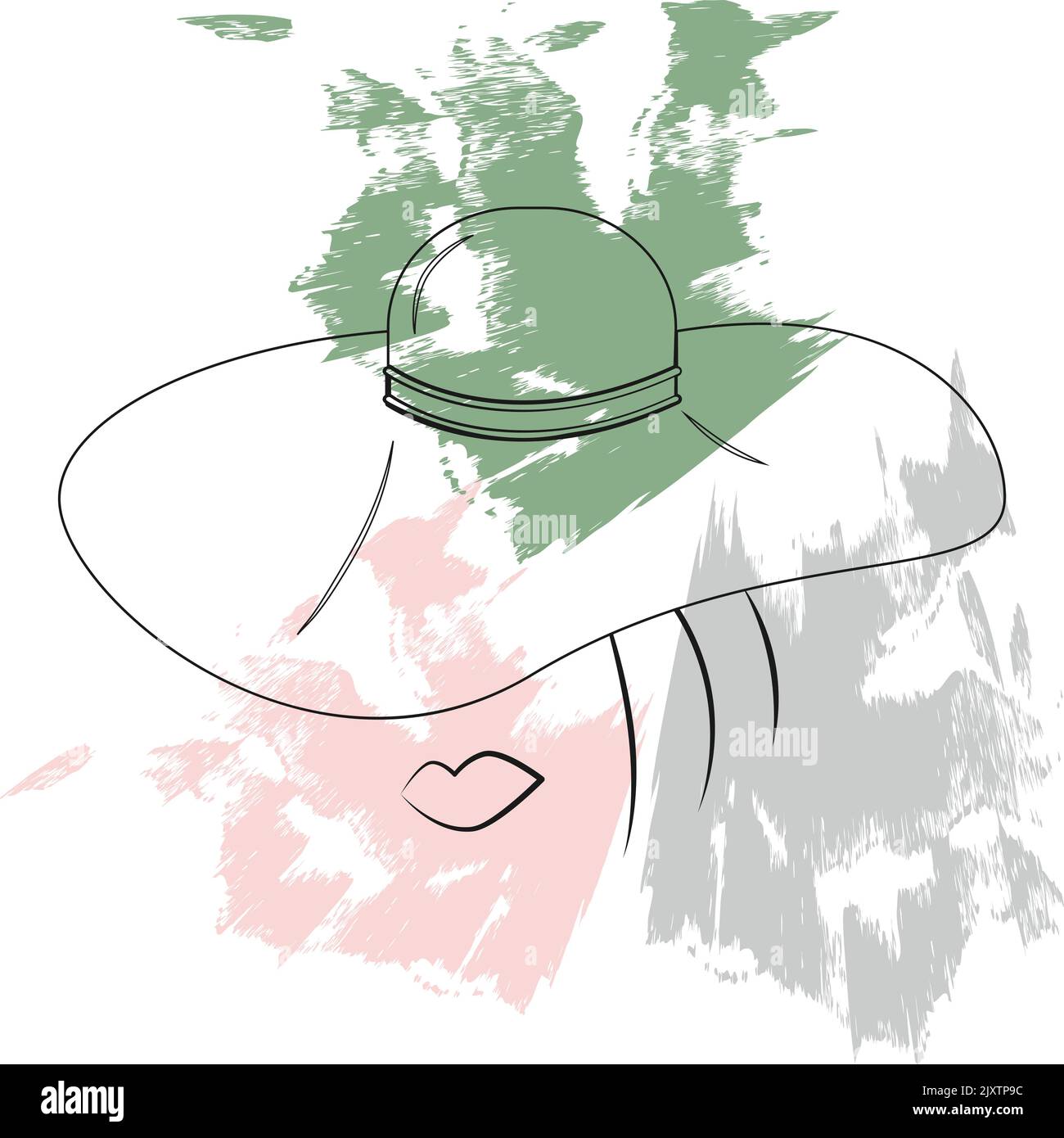 Eine abstrakte stilisierte Zeichnung eines Frauengesichts in einem Hut auf einem Hintergrund mit farbigen Punkten in trendigen Farbtönen im handgezeichneten Stil. Gliederung. Silhouette. Geeignet für Logo, Poster, Broschüre, Schild Stock Vektor