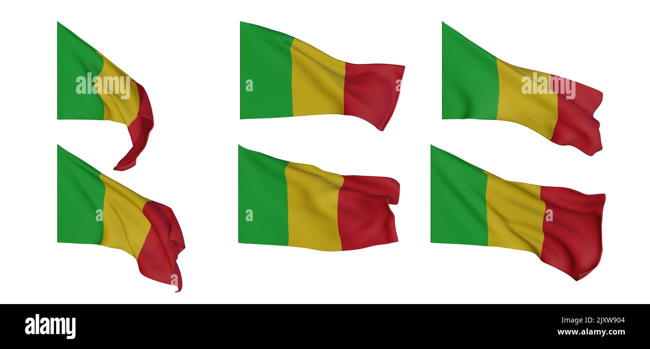 Mali-Flagge, Mali-Flaggensammlung, Flaggen unterschiedlicher Form 6 Flagge 3D auf weißem Hintergrund isoliert, 3D Arbeit und 3D Bild Stockfoto