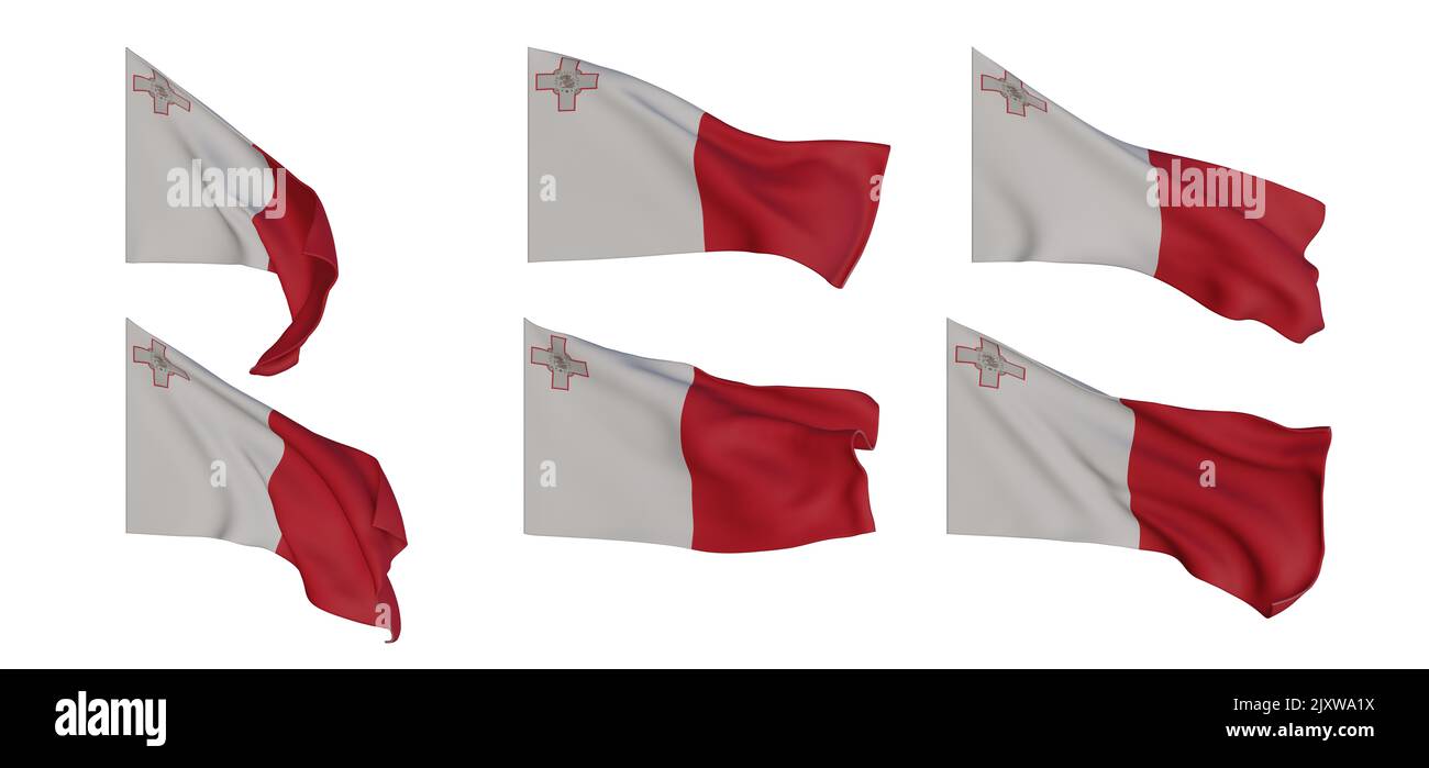 Malta Flagge, Malta Fahnensammlung, Flaggen unterschiedlicher Form 6 Flagge 3D auf weißem Hintergrund isoliert, 3D Arbeit und 3D Bild Stockfoto