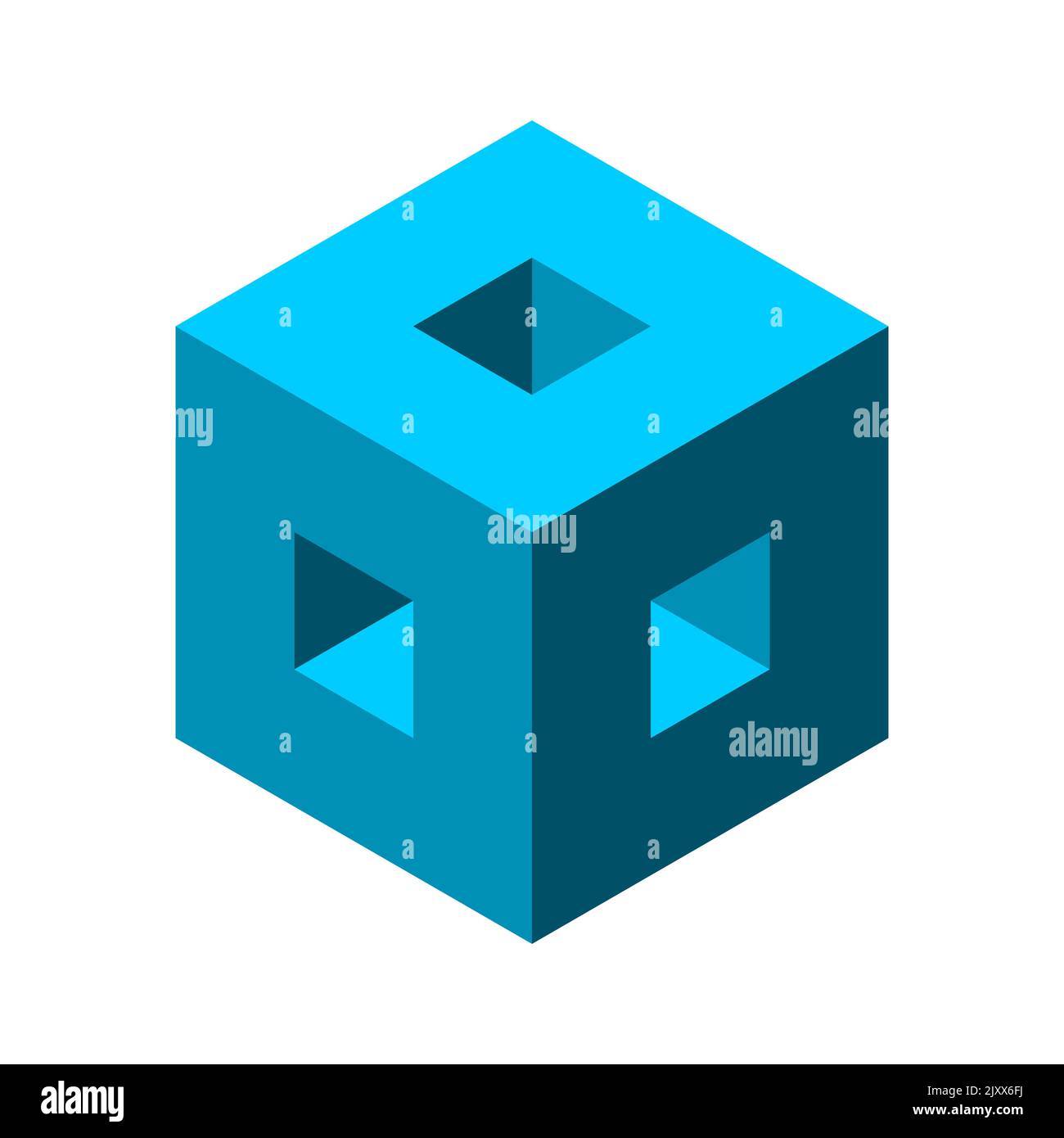 Blaue Würfelform, ein Stück fehlt. 3D isometrisches Feld mit Fenstern. Gebäude, Architektur, Baukonzept. Strukturrahmen-Symbol. Vektor Stock Vektor