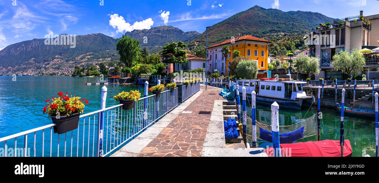italienische Seenlandschaft. Magischer Iseo See. Wunderschöne Insel Monte Isola und Peschiera Maraglio Dorf. Italien, Provinz Brescia Stockfoto