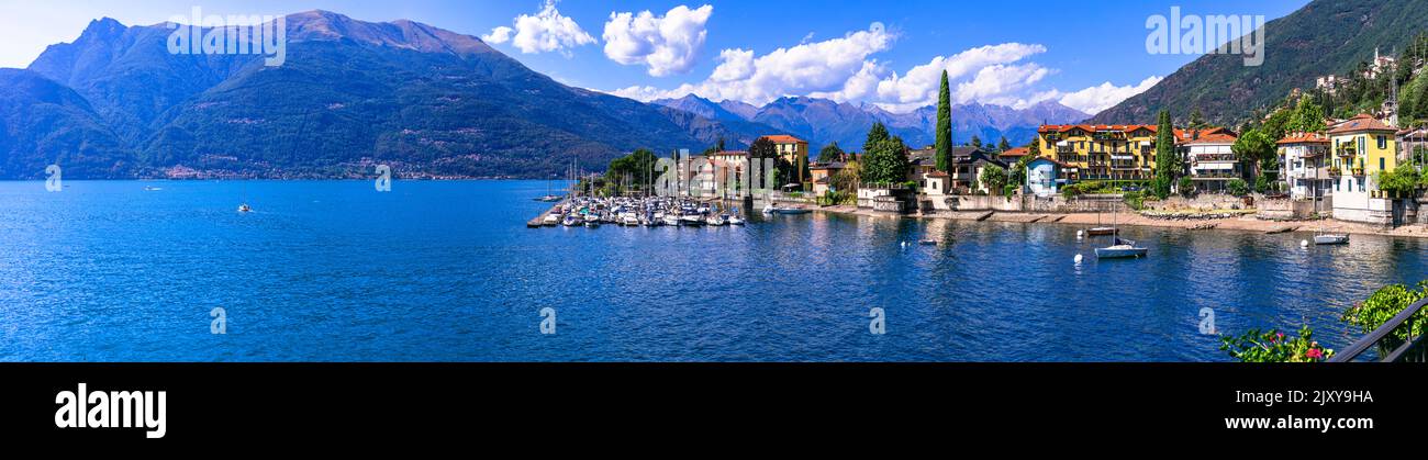 Stynning idyllische Seenlandschaft, erstaunlicher Lago di Como. Panoramablick auf die schöne Stadt Bellano. Italien, Lombardei Stockfoto