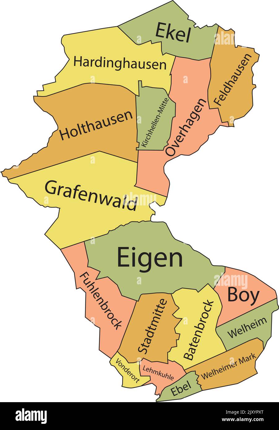 Pastellfarbene Stadtteile-Karte von BOTTROP, DEUTSCHLAND Stock Vektor