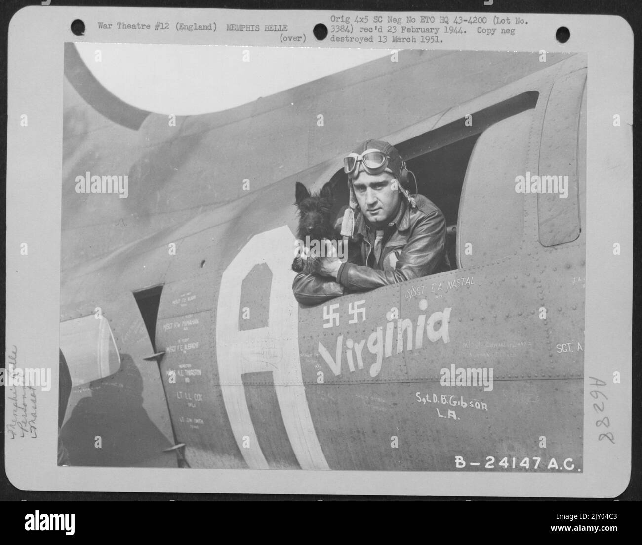 Kapitän James H. Verinis aus New Haven, Connecticut, Co-Pilot auf der „MEMPHIS BELLE“ mit „Stuka“, dem Maskottchen des Flugzeugs, auf einem Flugstützpunkt in England. 9. Juni 1943. Stockfoto