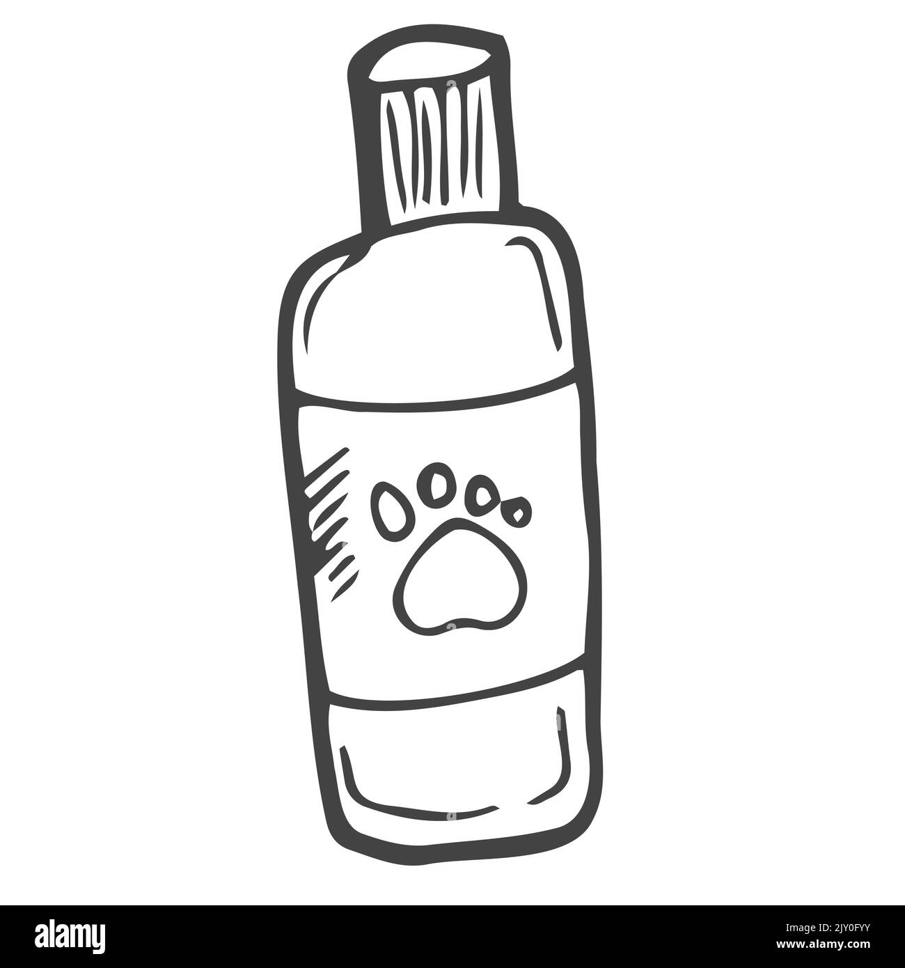 Shampoo für Haustiere im Doodle-Stil. Große Plastikflasche mit der Bezeichnung Pet Shampoo. Zubehör für Haustiere Handzeichnung. Tierpflege-Symbol auf weißem Hintergrund isoliert Stock Vektor