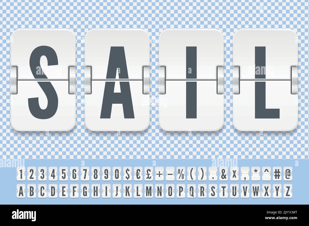Ship Terminal Flip Board Schriftart für Wasserreise Ziel Vektor-Illustration. Weißes, mechanisches Anzeigetafel-Alphabet zur Anzeige von Abfahrts- oder Ankunftsdaten oder Werbebotschaften Stock Vektor Ship Terminal Flip Board Schriftart für Wasserreise Ziel Vektor-Illustration. Weißes, mechanisches Anzeigetafel-Alphabet zur Anzeige von Abfahrts- oder Ankunftsdaten oder Werbebotschaften Stock Vektor