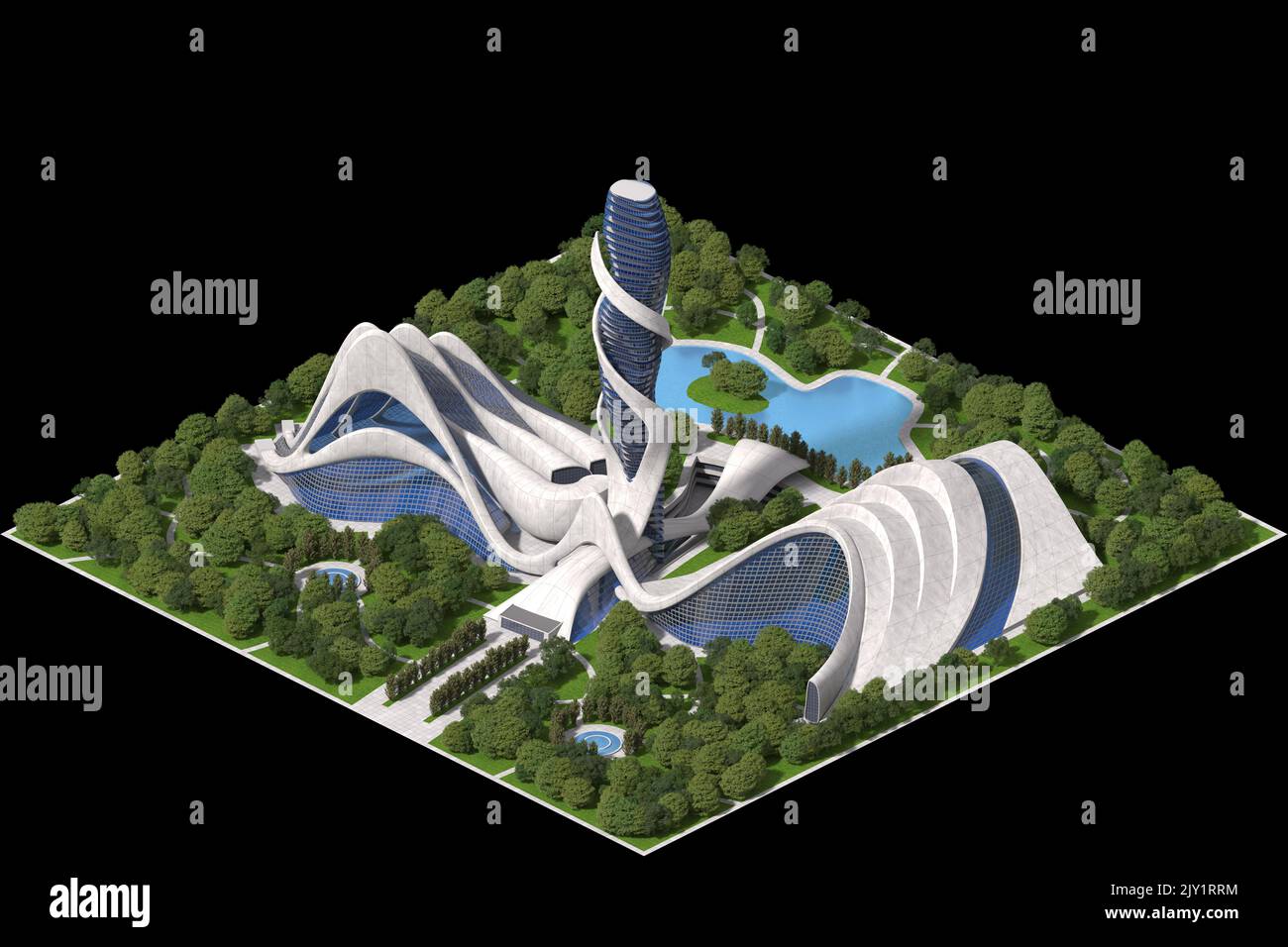 Futuristische Architektur 3D Illustration, für ein gefliestes Spiel, das in dimetrischer Projektion mit einer orthographischen 30-Grad-Kamera und einem Clipping-Pfad dargestellt wird Stockfoto