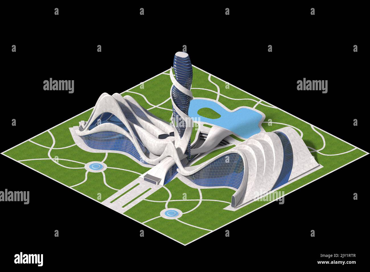 Futuristische Architektur 3D Illustration für ein gefliestes Spiel, das in dimetrischer Projektion mit einer orthographischen 30-Grad-Kamera und einem Clipping Path dargestellt wurde Stockfoto