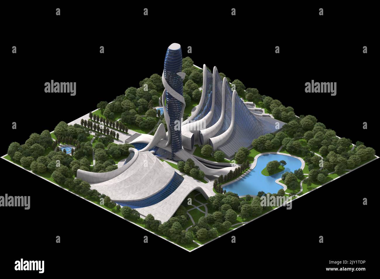 Futuristische Landschaftsarchitektur 3D Illustration für ein gefliestes Spiel, das in dimetrischer Projektion mit einer orthographischen 30-Grad-Kamera und einem Ausschnitt dargestellt wird Stockfoto