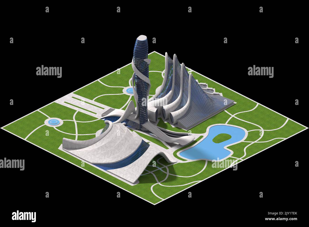 Futuristische Architektur 3D Modell für ein gefliestes Spiel, das in dimetrischer Projektion mit einer orthographischen 30-Grad-Kamera und dem Clipping-Pfad dargestellt wird Stockfoto