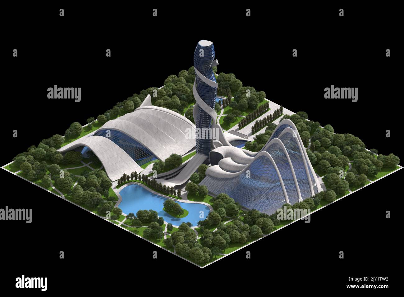 Futuristische Landschaftsarchitektur 3D Illustration für ein gefliestes Spiel, das in dimetrischer Projektion mit einer orthographischen 30-Grad-Kamera und einem Ausschnitt dargestellt wird Stockfoto