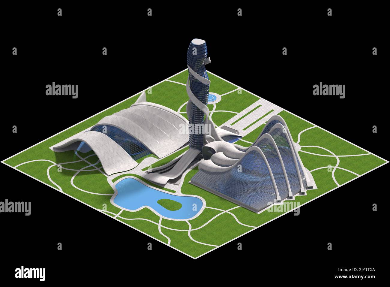 Futuristische Architektur 3D Modell für ein gefliestes Spiel, das in dimetrischer Projektion mit einer orthographischen 30-Grad-Kamera und dem Clipping-Pfad dargestellt wird Stockfoto
