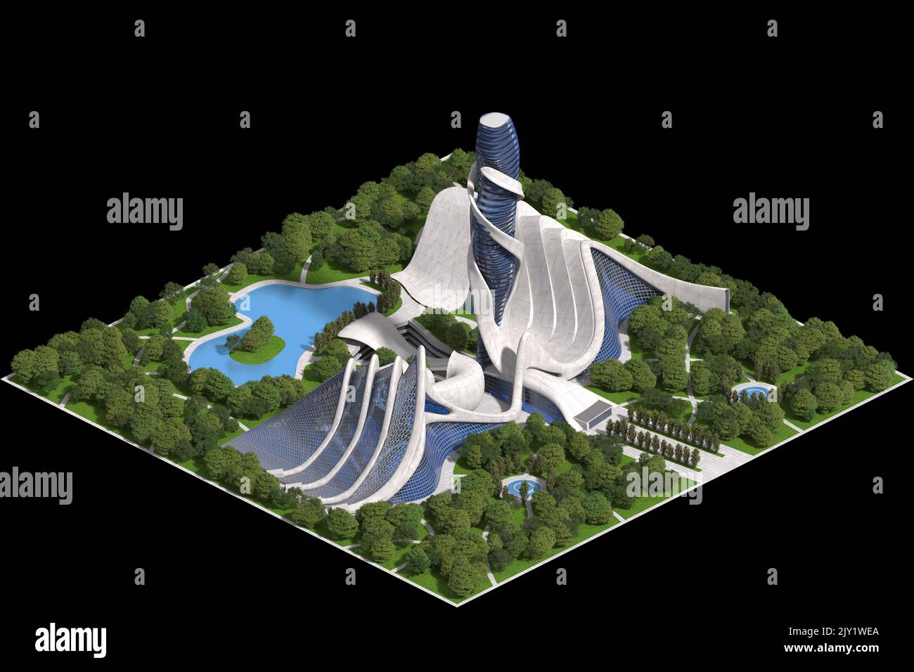 Futuristische Landschaftsarchitektur 3D Illustration für ein gefliestes Spiel, das in dimetrischer Projektion mit einer orthographischen 30-Grad-Kamera und einem Ausschnitt dargestellt wird Stockfoto