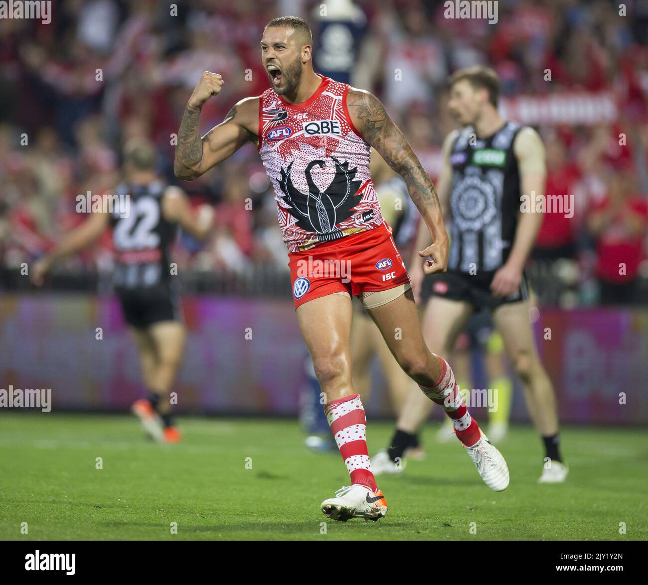 Lance Franklin von den Swans feiert am Freitag, den 24. Mai 2019, nach dem Tor beim AFL-Spiel der Runde 10 zwischen den Sydney Swans und den Collingwood Elstern beim SCG in Sydney. (AAP-Bild/Craig Golding) Stockfoto