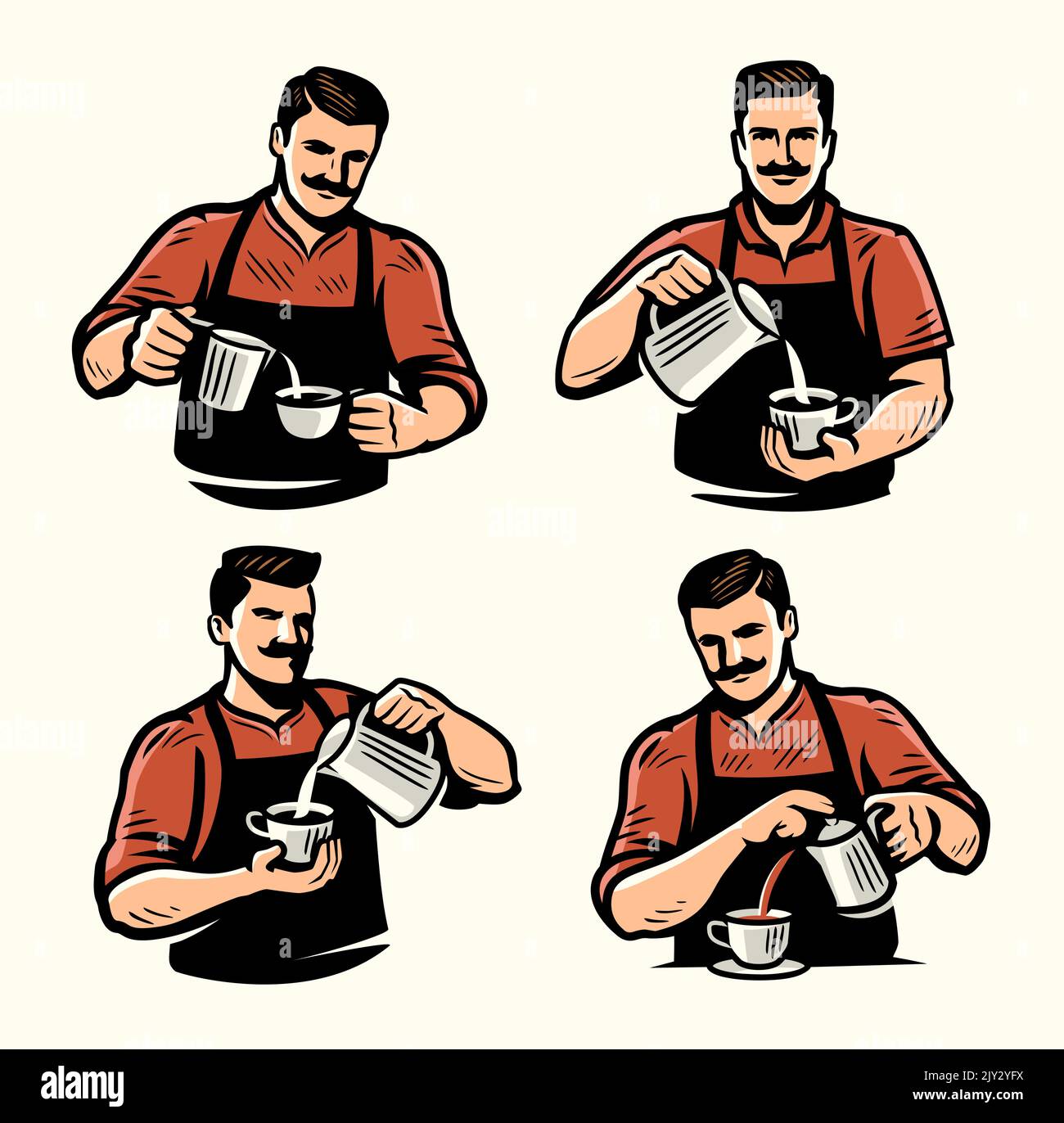 Der Barista gießt die Creme in die Kaffeetasse. Design für Restaurant- oder Café-Menü. Herstellung Handwerk Kaffee trinken Vektor-Illustration Stock Vektor