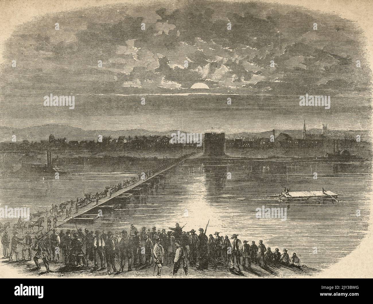 Freiwillige, die während des amerikanischen Bürgerkrieges 1862 auf einer Pontonbrücke den Ohio nach Covington überquerten Stockfoto