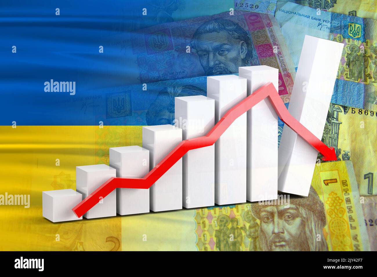 Wirtschaftsdiagramm - Abwärtspfeil, Cash Hryvnia Banknoten und Ukraine Flagge (Geld, Wirtschaft, Unternehmen, Finanzen, Krise) Stockfoto