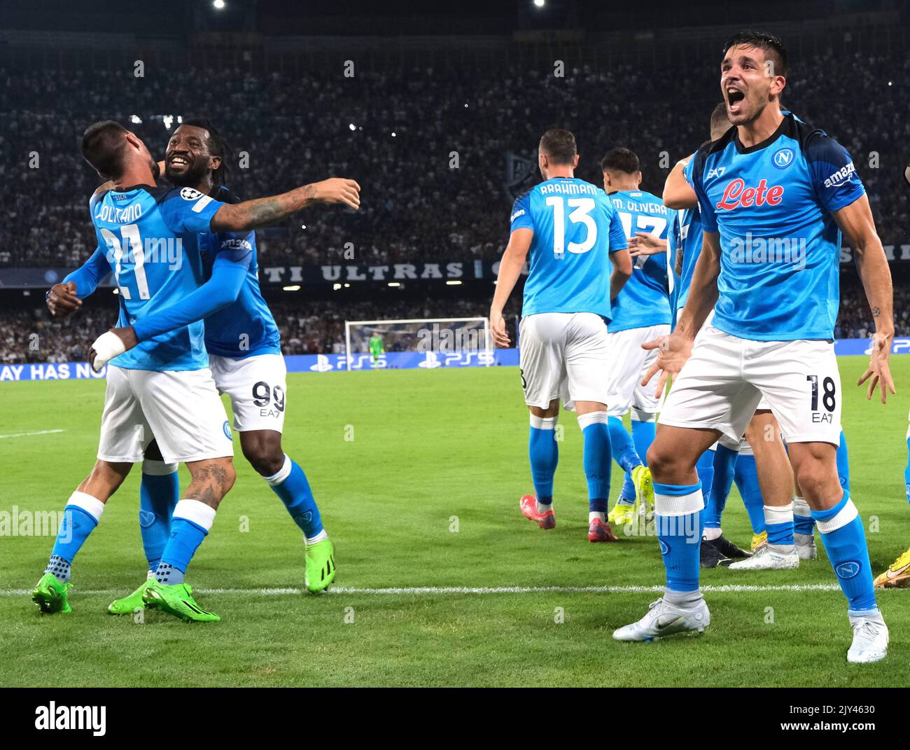 Neapel, Kampanien, Italien. 7. September 2022. GIOVANNI SIMEONE vom SSC Napoli feiert im Rahmen des Champions League-Fußballmatches SSC Napoli gegen den FC Liverpool im Diego Armando Maradona-Stadion. Napoli gewann 4:1. (Bild: © Fabio Sasso/ZUMA Press Wire) Bild: ZUMA Press, Inc./Alamy Live News Stockfoto