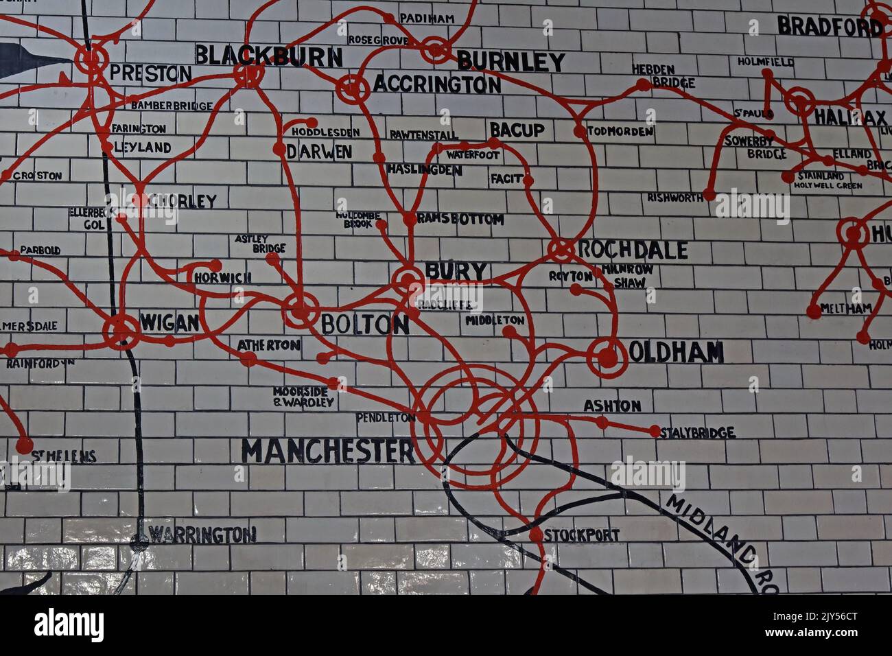 Alte Streckenkarte in Fliesen, Victoria Railway Station, Manchester, England, Großbritannien, m3 1WY - Greater Manchester Services, Bolton, Bury, Oldham, Rochdale, Burnley, Stockfoto