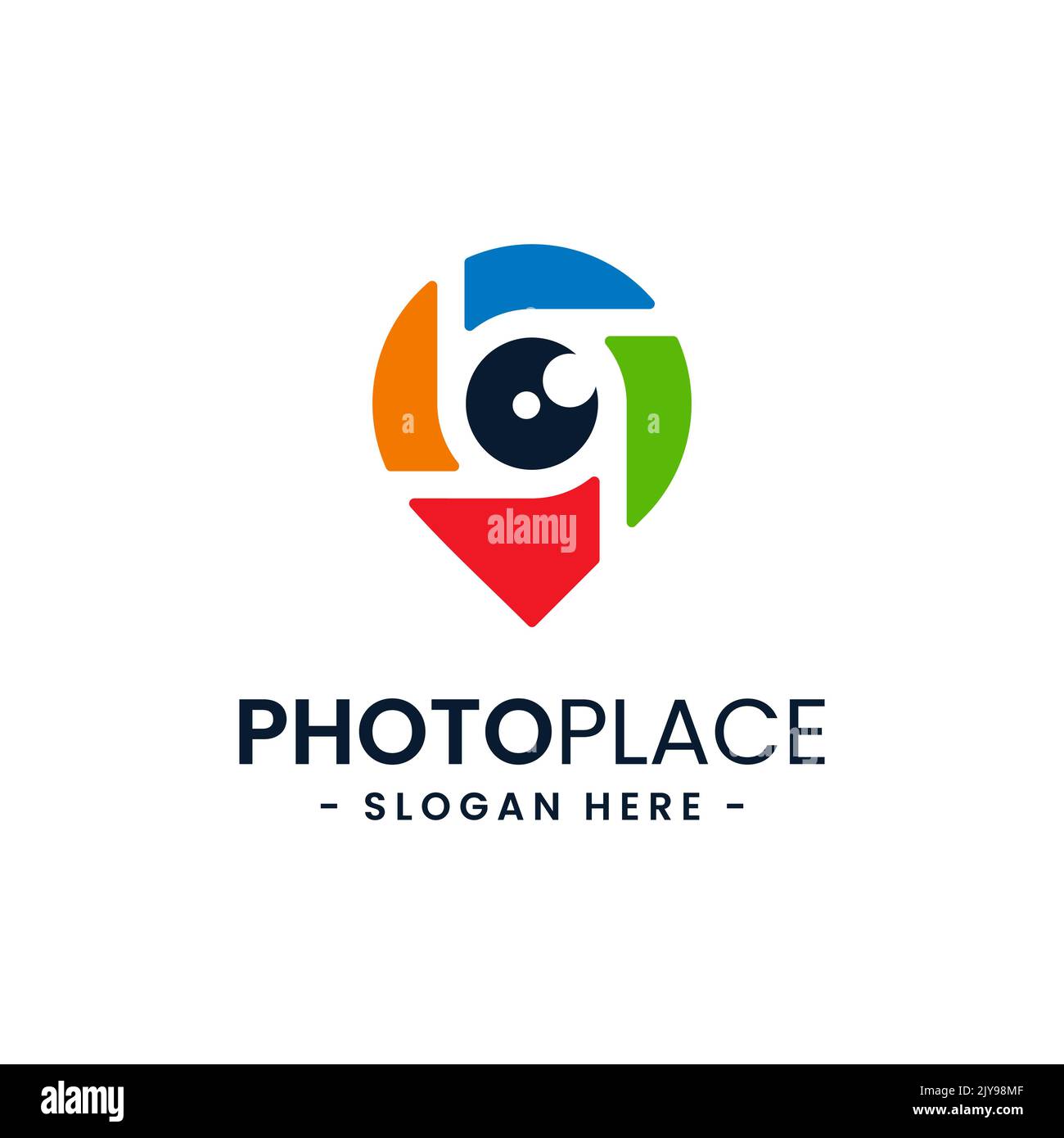 Bunte Foto Punkt Logo Design Vorlage. Abstrakte Kombination aus Kamera und Symbolvektor für Navigationsnadel. Konzept des Ortes für die Fotografie. Stock Vektor